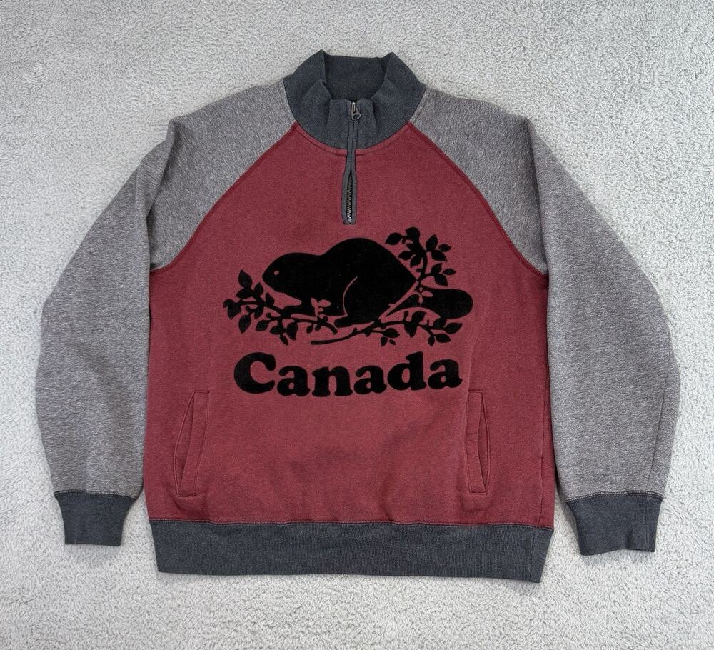 Roots Canada Men's Medium Red Gray Quarter Zip Fleece Big Beaver Logo Sweater